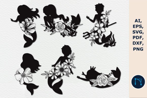 Mermaid with Floral SVG Bundle Cut File